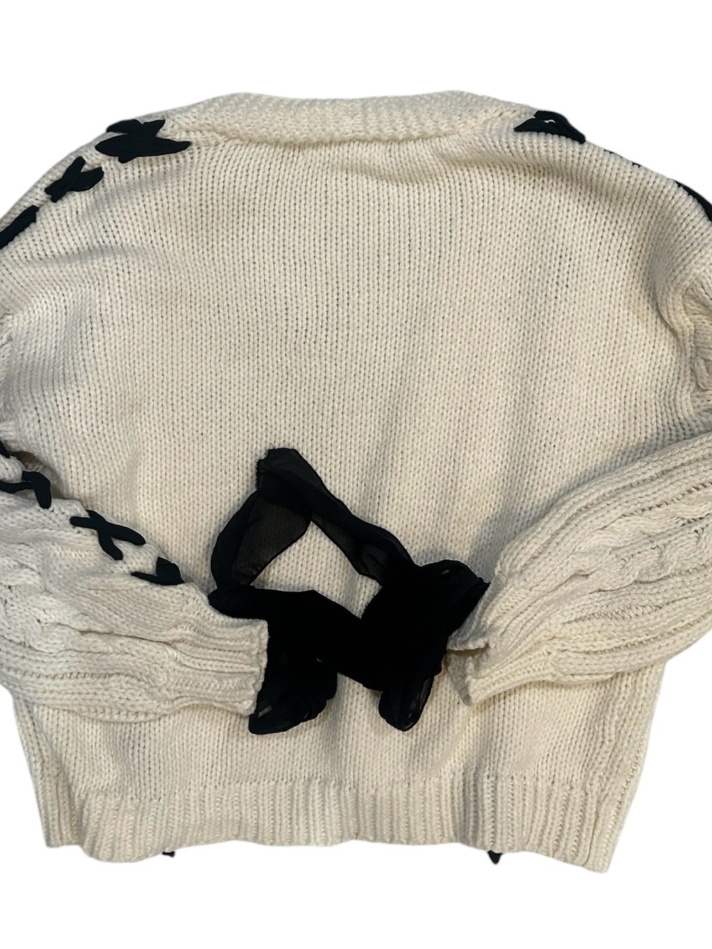 altar’d state cream cable knit cardigan with black ribbon lace along the sleeves - Picture 4 of 6
